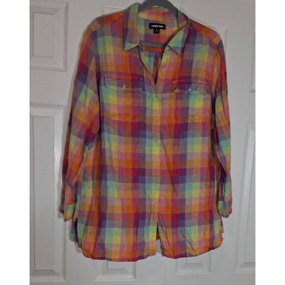 Lands end womens 1xl tab sleeve 100% linen shirt blouse plaid pink yellow - Picture 3 of 10